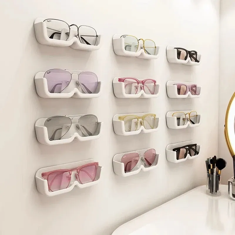 Color: Red - Glasses Display Cabinet Sunglasses Storage Box Wall Mounted Perforated Free Sunglasses Storage Glasses Rack Home Tidying