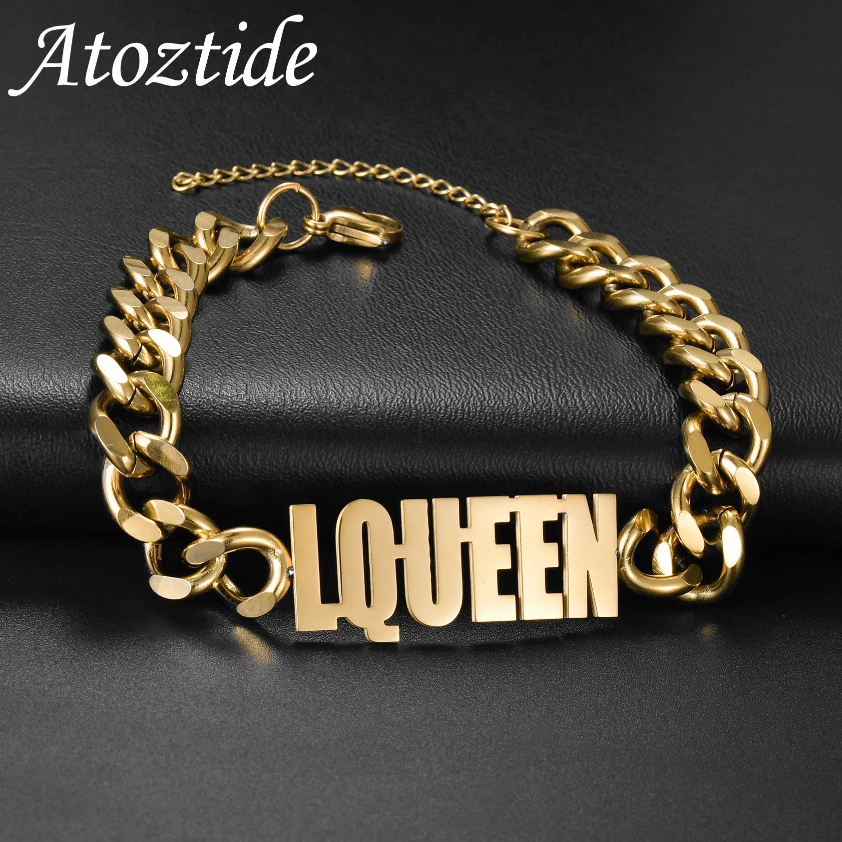 Metal Color: Black Zinc Plated, Length: 18cm, Main Stone Color: Gold - Atoztide Personalized Custom Name Bracelet for Women Men Stainless Steel 10mm Cuban Chain Nameplate Handmade Bangle Jewelry Gift