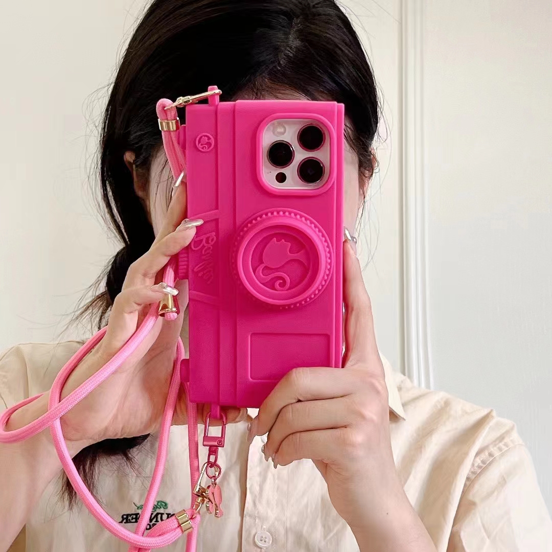 Material: plastic, Color: Beige - Pink Camera Case For iPhone 15 14 13 12 11 Pro Max Kawaii Fashion Case Fashion Pendant Cute Girl