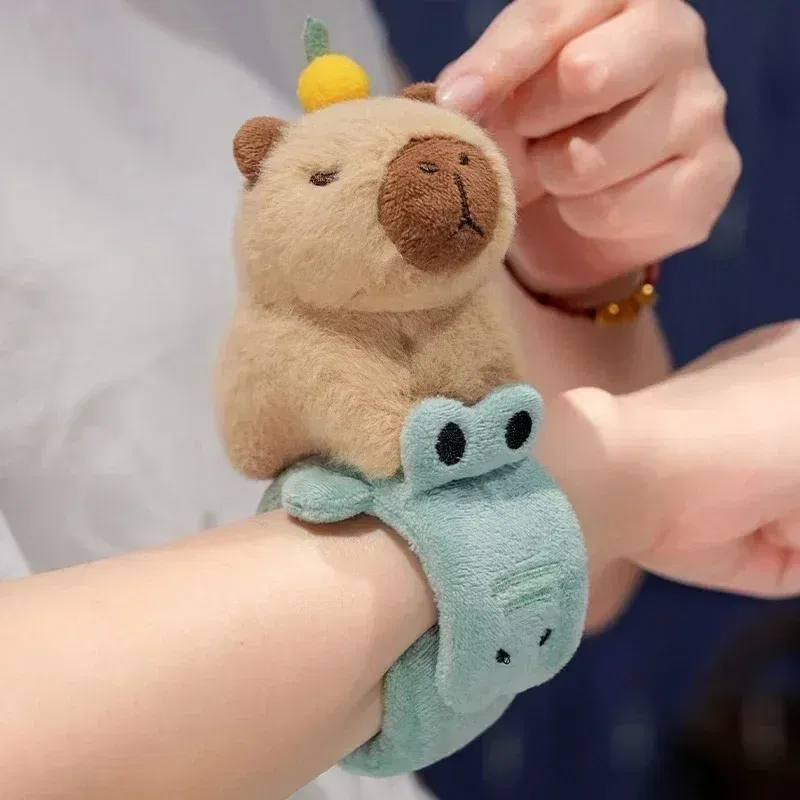 Color: green, Height: 0-10cm - Capybara Slap Snap Wrap Capibara Plushie Wristband Bracelet Kawaii Cute Dog Cat Plush Toy Hand Ring Creative Funny Gift