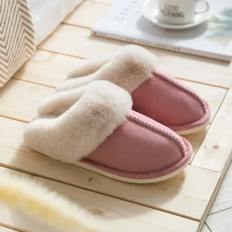 Color: Pink, Shoe Size: 42 - Women's Faux Fur Slippers 2024 New Warm Thicked Plush Bedroom Sandals Woman Comfort Soft Sole Home Couple Winter Shoes Slides
