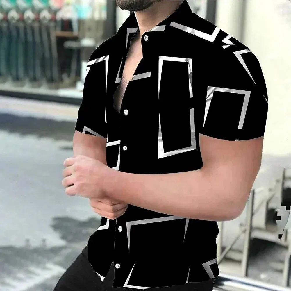 Color: Brown, Size: 5XL - 3D Men's Striped Printed Short Sleeve Shirt, Fashionable And Casual Loose Shirt, 2023 New Style.