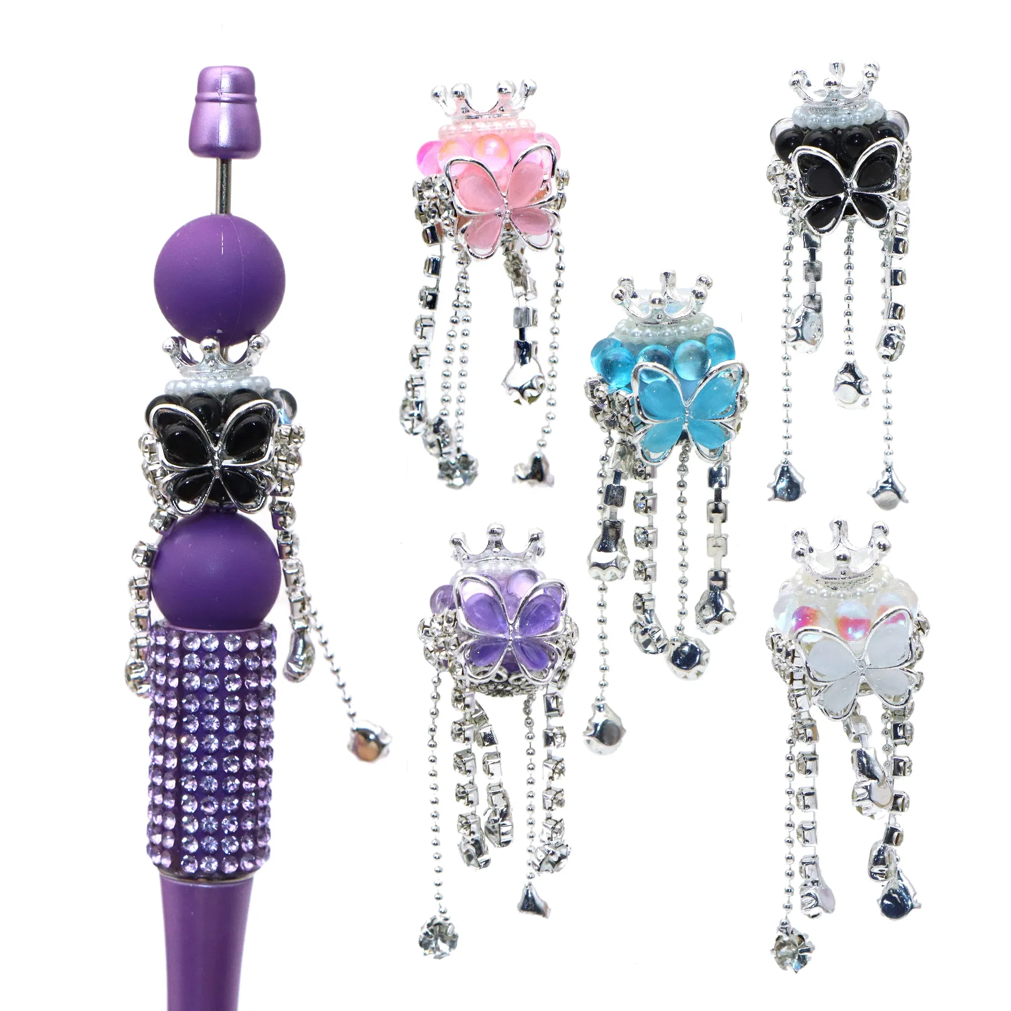 Color: antique silver - 1Pc Luxury Butterfly Rhinestone Faux Crystal Beads Opal Effect with Tassel Loose Spacer Beads with Hole Jewelry Making DIY Brace