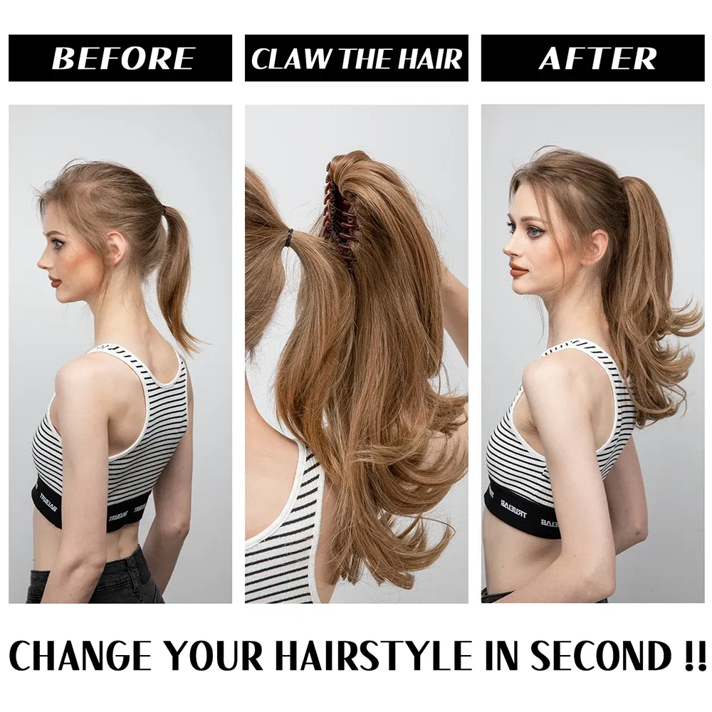 Color: T4/27/30, Bulk Buy: 1pc, Stretched Length: 14inches - Synthetic Claw Clip In Ponytail Hair Extensions Wavy Hairpiece 14" Fake Blonde Black Hair False Pigtail With Elastic Band