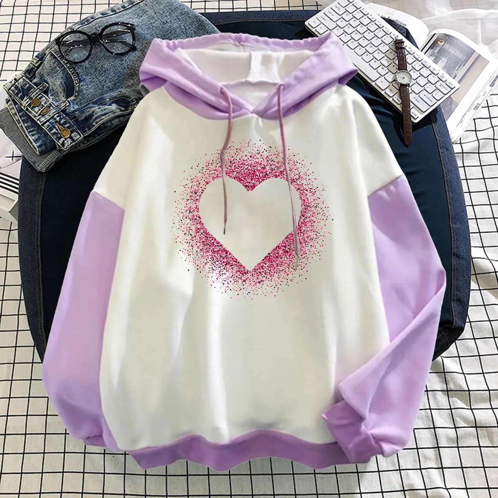 Color: Light Blue, Size: XXL, Ships From: United States - Women Casual Long Sleeve Sweatshirt Love Print Drawstring Pullover Hoodie Color Block Tops Pullover Casual Top