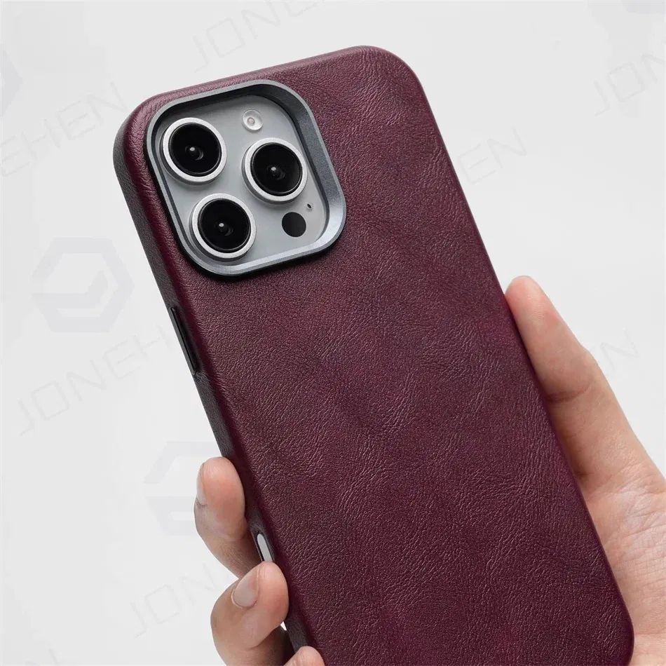 Color: Beige, Material: Genuine Leather - High-end Retro Oil Wax Pattern Magnetic For Magsafe Leather Case For iPhone Air 15 14 Plus 13 16 17 Pro Max Camera Button Cover
