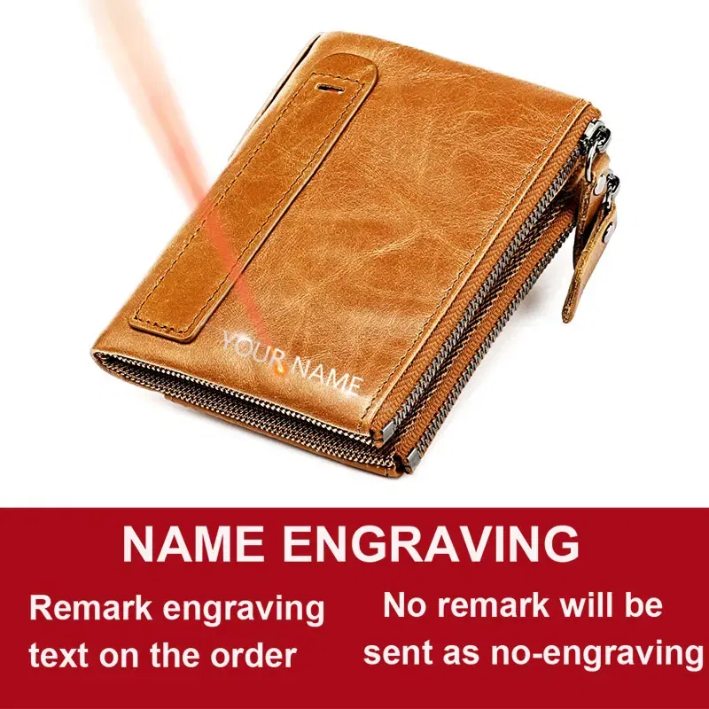 Color: SKY BLUE - Genuine Leather Short Men RFID Wallets Name Engraving Leather Card Holder Brand Men Purse Retro Coin Pocket Zipper Male Wallet