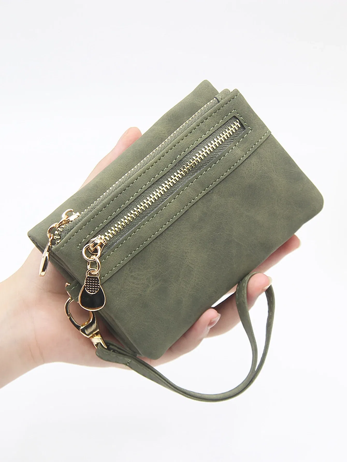 Color: DEEP BLUE - Retro foldingzipper wallet high-quality PUleather portablemultifunctional women's walletfashionable withID card window wrist bag