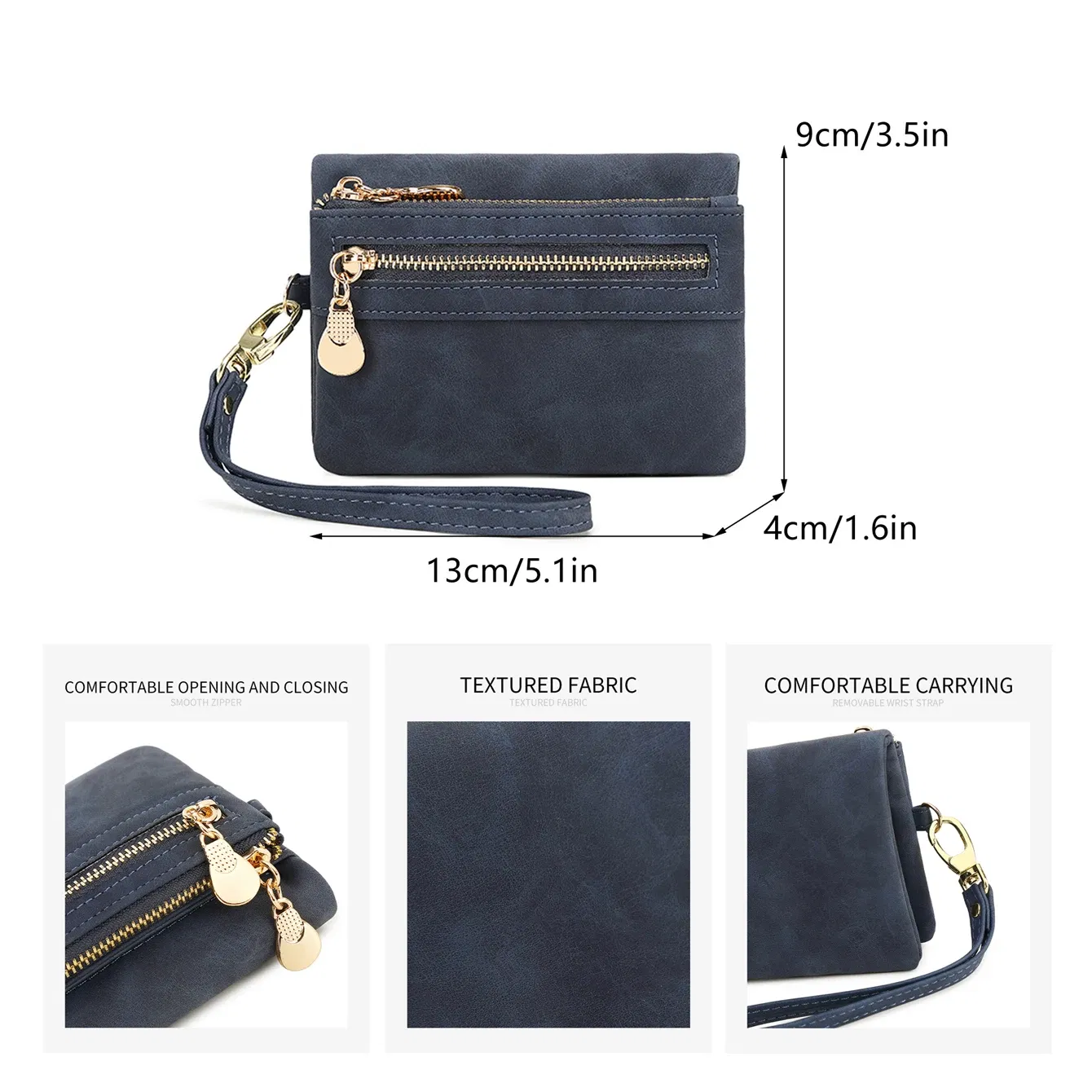 Color: DEEP BLUE - Retro foldingzipper wallet high-quality PUleather portablemultifunctional women's walletfashionable withID card window wrist bag