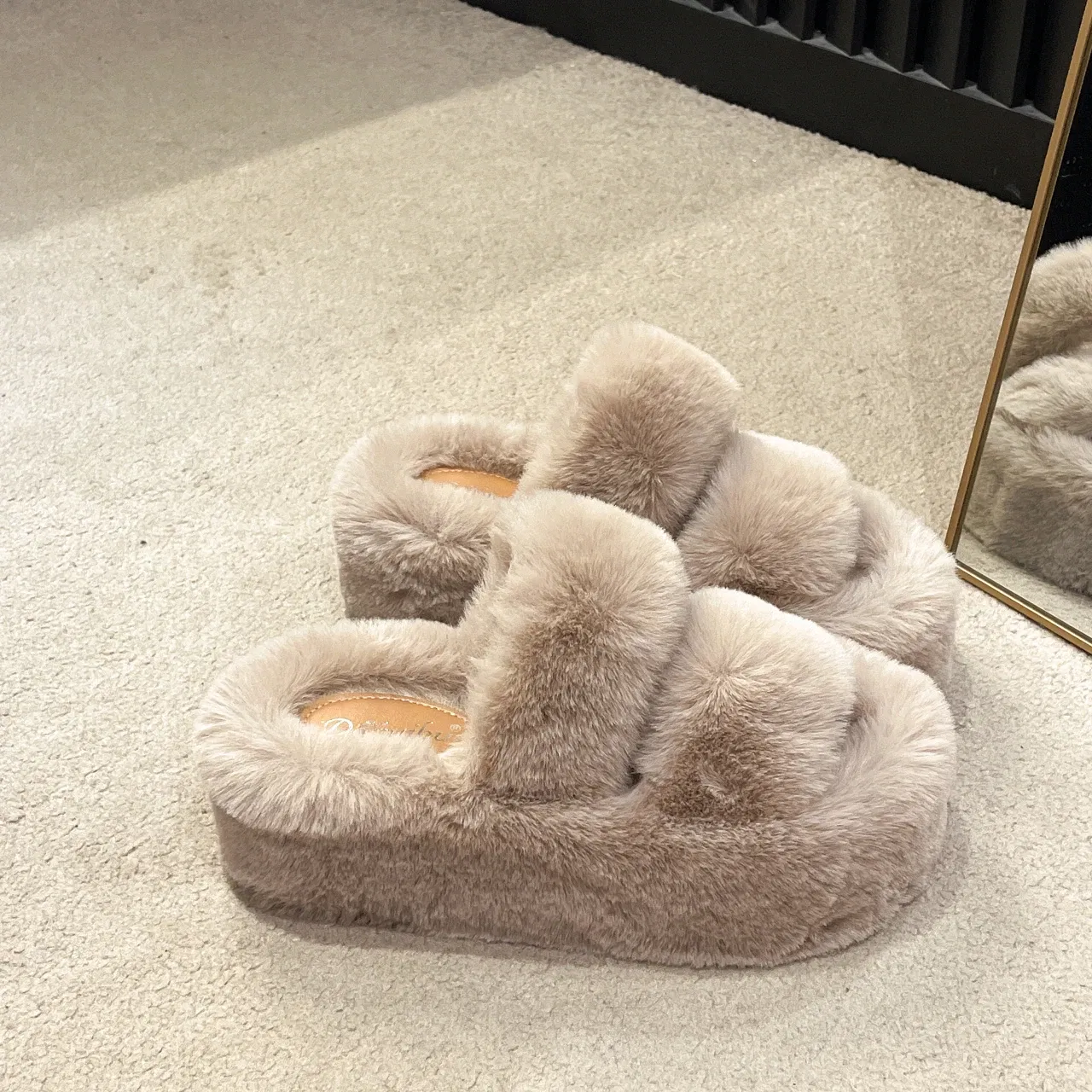 Color: light yellow, Shoe Size: 41 - New Winter Open Toe Slipper Fur Thick Sole Flats Heel Ladies Casual Slip On Bedroom Shoes Soft Outdoor Fashion Fur Slippers