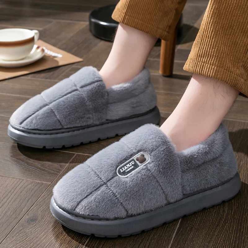Color: WHITE, Shoe Size: 42-43 - Men's slippers Winter Solid Color Wrap Heels Plush Slippers Non-slip Warm Women Men Home Casual Cotton Shoes Big Size 50 51