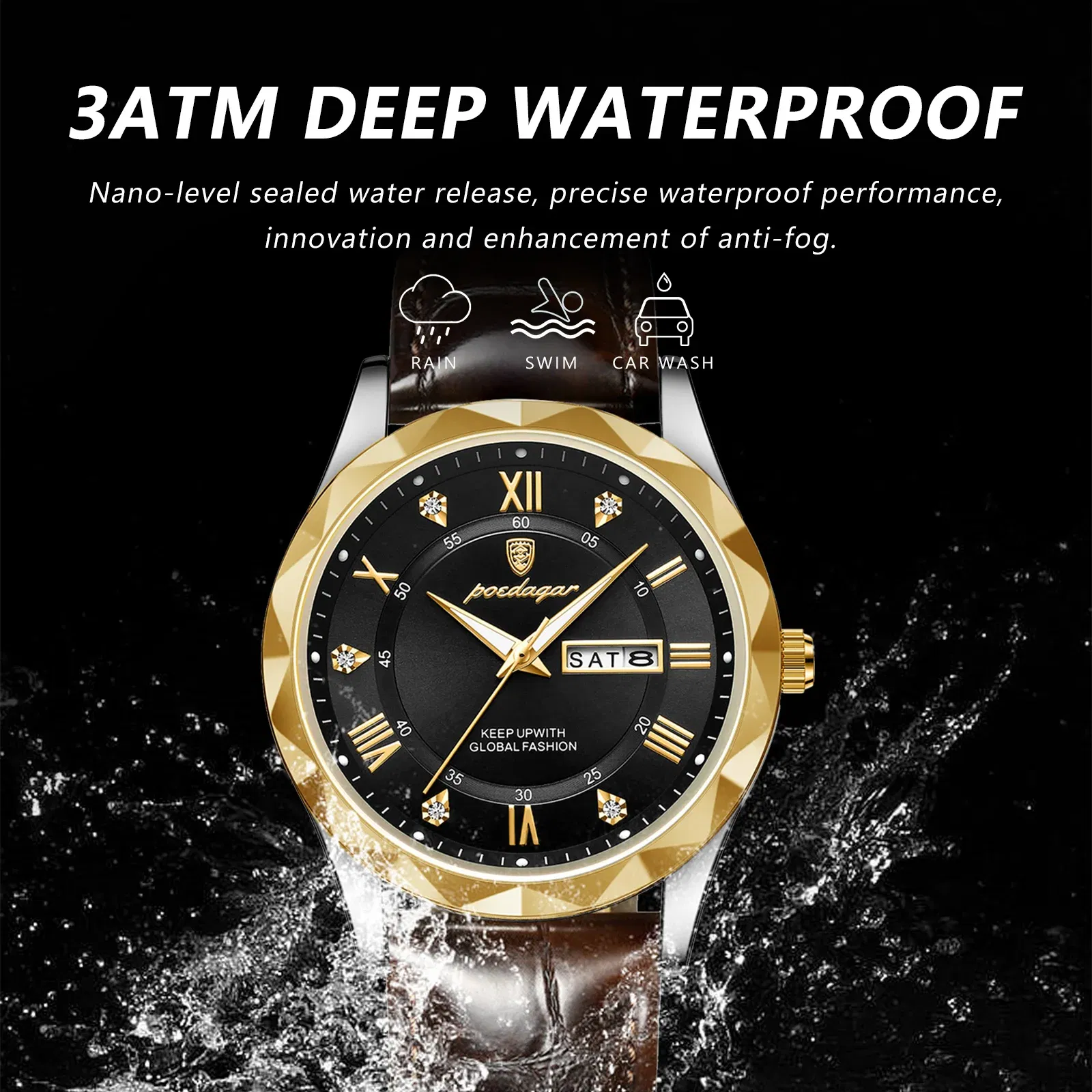 Color: Rose - POEDAGAR Luxury Business Man Wristwatch Waterproof Luminous Date Week Men Watch For Men Quartz Clock Leather Men's Watches reloj