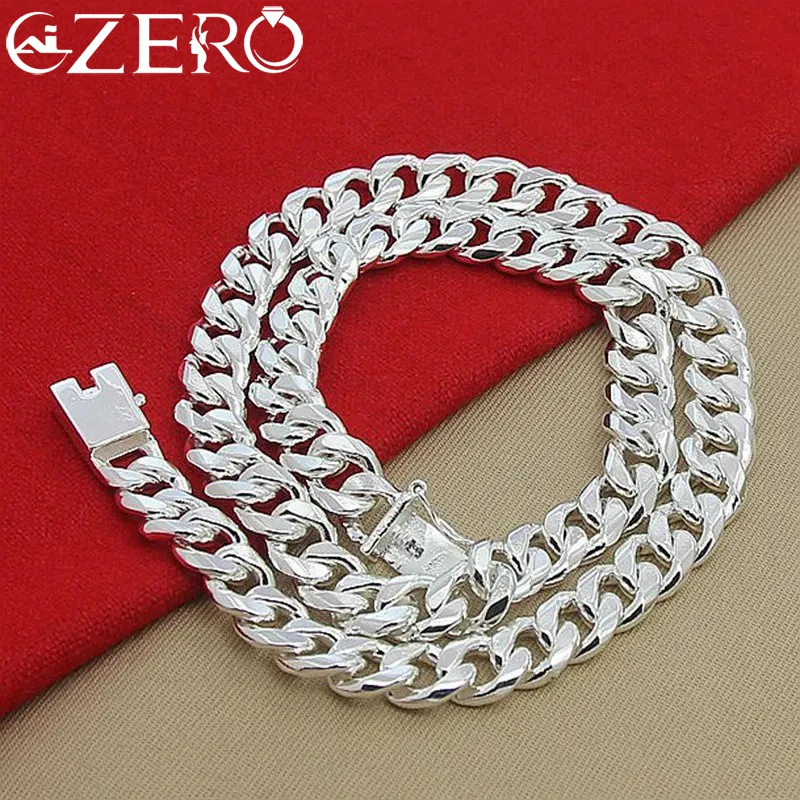 Length: 50cm - ALIZERO 925 Sterling Silver 10MM Chain Necklace Bracelet Set for Man Woman Luxury Wedding Engagement Party Jewelry