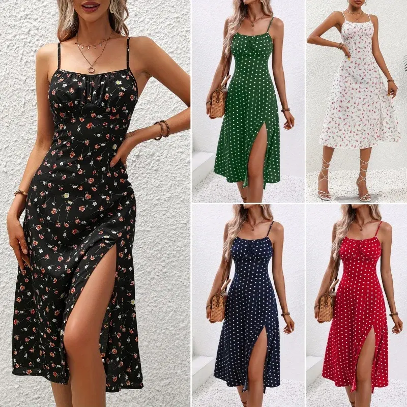 Color: black, Size: S - 2025 Summer Sexy Spaghetti Straps Dress Women Fashion Polka Dot Print Sleeveless Slit Dress Boho Casual Beach Midi Dresses