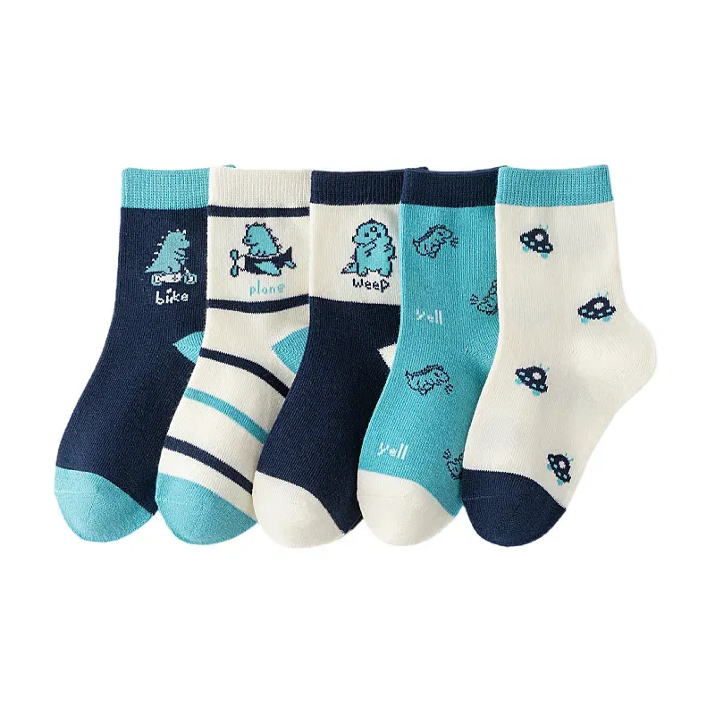Color: Beige, Size: 7-9T - 5 Pairs/lot Baby Socks 2024 Autumn Cotton Socks Medium Socks Kids Little Big Boys Crew Sock