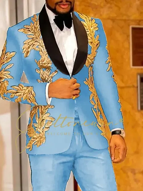 Color: SKY BLUE, Size: XXXL - Luxury Groom Wedding Tuxedos Gold Sequins Appliques Black Men Suits Slim Fit Costume Homme Marriage Prom Suits