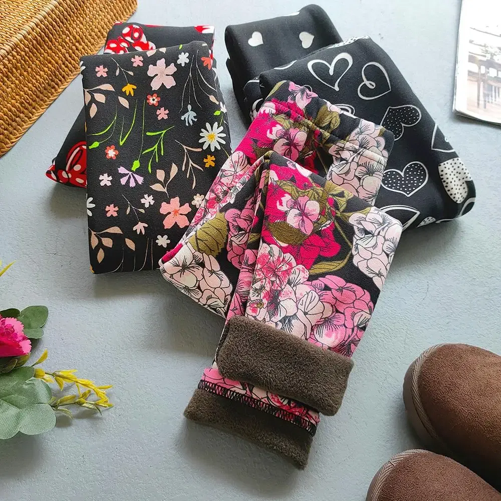Color: Rose Red, Kid Size: 7 - Autumn Winter Print Flowers Thick Warm Kids Toddler Baby Girls Leggings Children's Pants