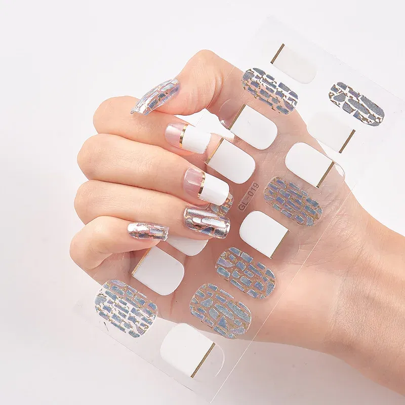 Color: Pink Bronze - 16 Tips/Sheet Patterned Nails With Creative Nail Polish Nail Art Stickers 2020 Temporary Tattoos Kids Full Cover Nail Stickers