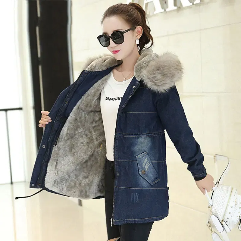 Color: Blue, Size: XXL - 2019 New Plus Velvet Padded Coat Women Winter Denim Jacket With Large Fur Collar Denim Jacket Hooded Warm Cotton Clothing f1911
