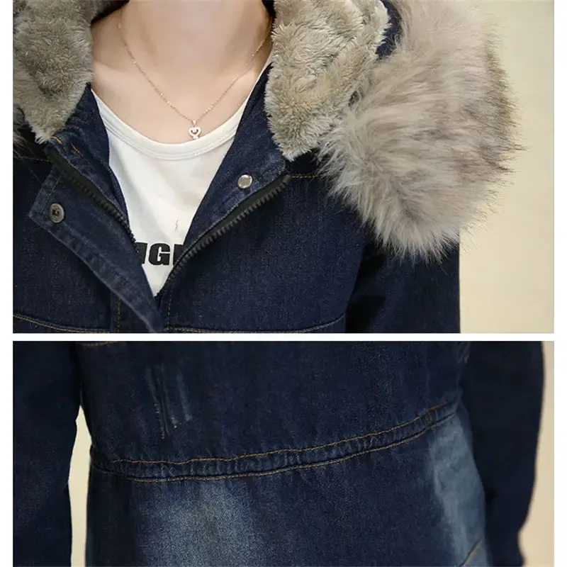 Color: Blue, Size: XXL - 2019 New Plus Velvet Padded Coat Women Winter Denim Jacket With Large Fur Collar Denim Jacket Hooded Warm Cotton Clothing f1911