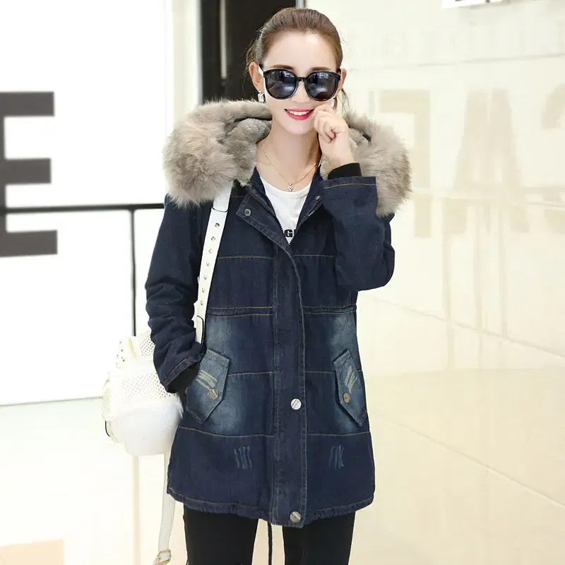 Color: Blue, Size: XXL - 2019 New Plus Velvet Padded Coat Women Winter Denim Jacket With Large Fur Collar Denim Jacket Hooded Warm Cotton Clothing f1911