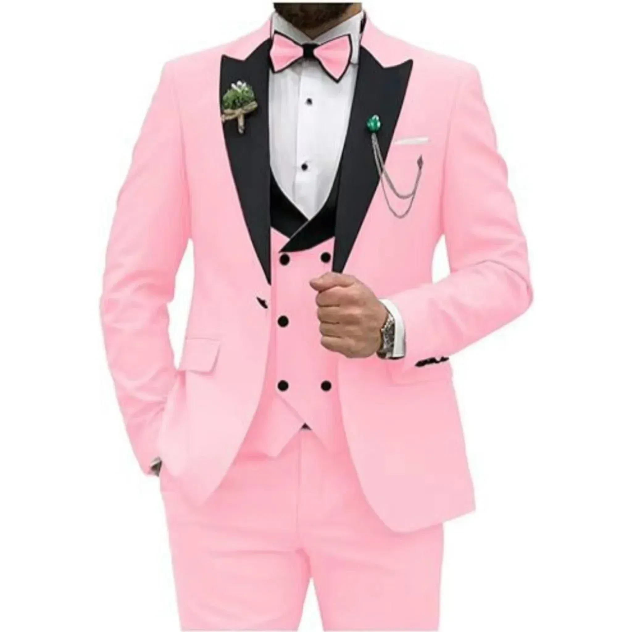 Color: Pink, Size: M - Men Suit Colorful Luxury Blazer Vest And Pant Sets 3 Piece Birthday Dress Business Prom Evening Party Costumes High Quality