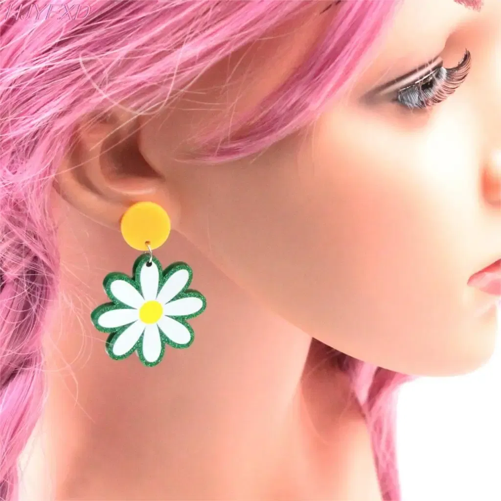 Metal Color: BRONZE, Ships From: CN - 35mm Acrylic Daisy Dangle Earrings Cute Earrings Glitter Jewelry Acrylic Earrings
