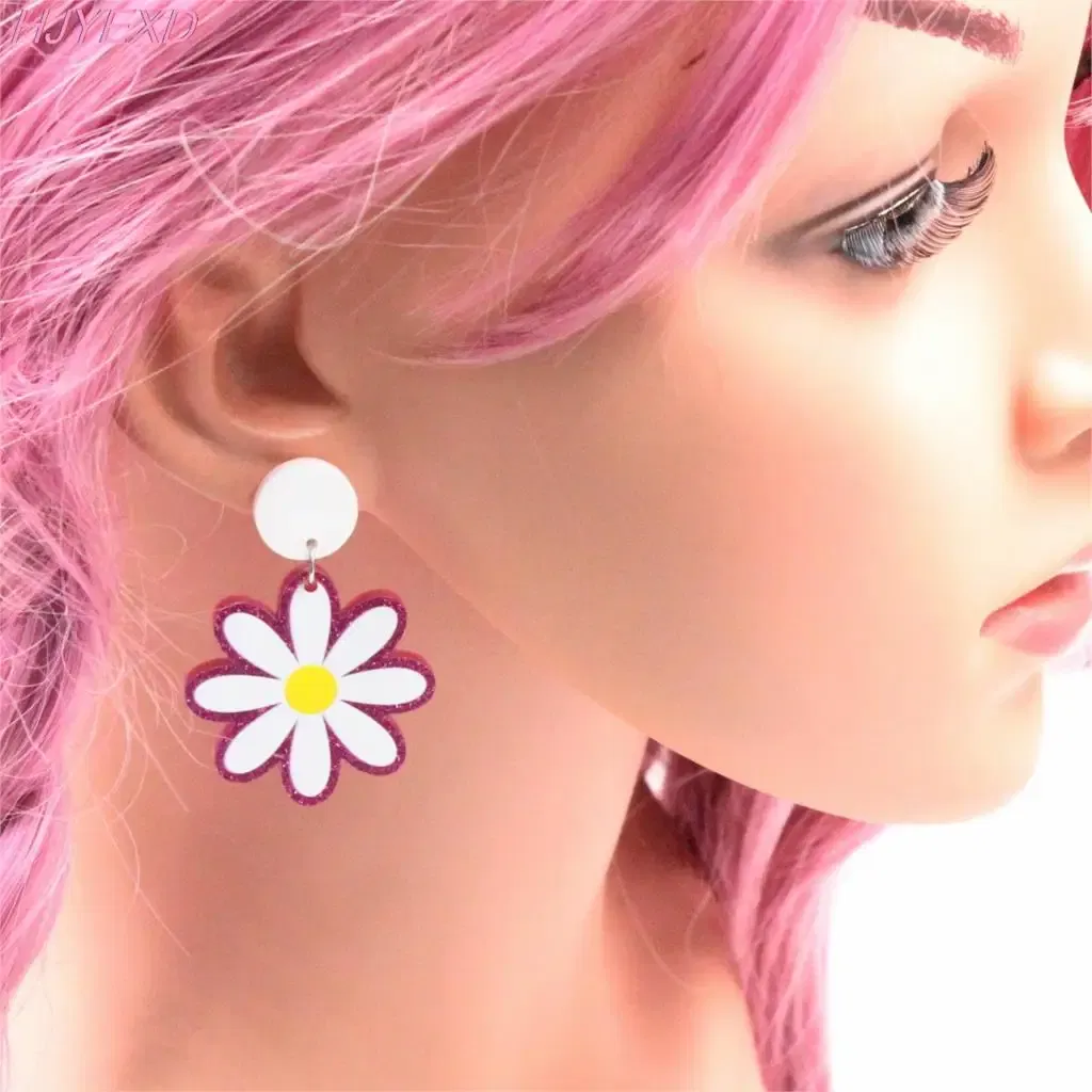 Metal Color: BRONZE, Ships From: CN - 35mm Acrylic Daisy Dangle Earrings Cute Earrings Glitter Jewelry Acrylic Earrings