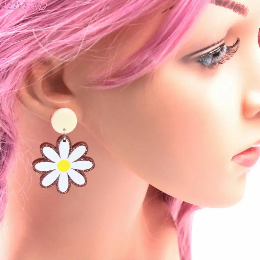 Metal Color: BRONZE, Ships From: CN - 35mm Acrylic Daisy Dangle Earrings Cute Earrings Glitter Jewelry Acrylic Earrings