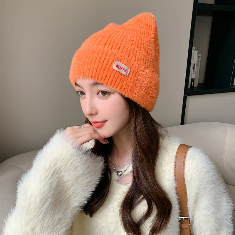 Color: Coffee, Size: One Size - New Women Cute Cat Ear Earflap Winter Hat Fashion Faux Fur Knitted Hat Kpop Style Soft Beanie Hats Candy Female Streetwear Cap