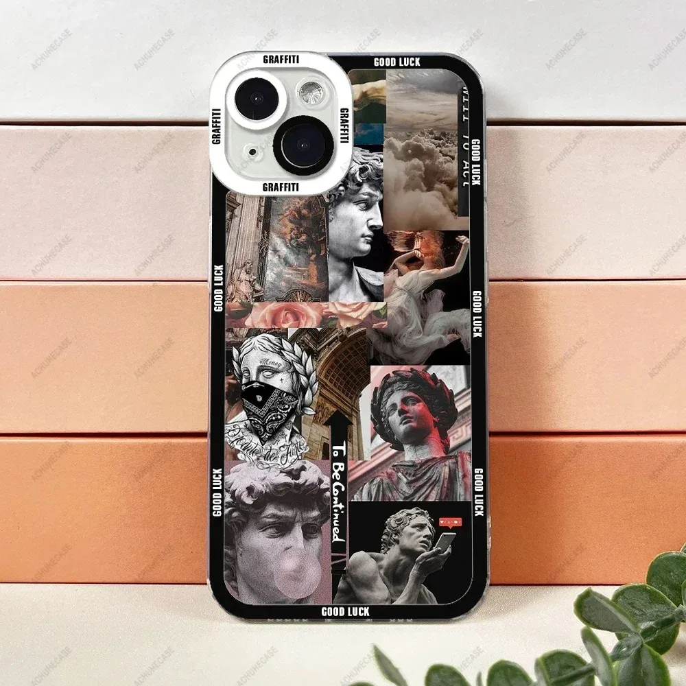 Color: Brown, Material: Vinyl - Aesthetic Statue Art Phone Case For iPhone 16 15 14 13 12 11 Pro Max XS X XR Plus Mini Luxury Transparent Soft Funda