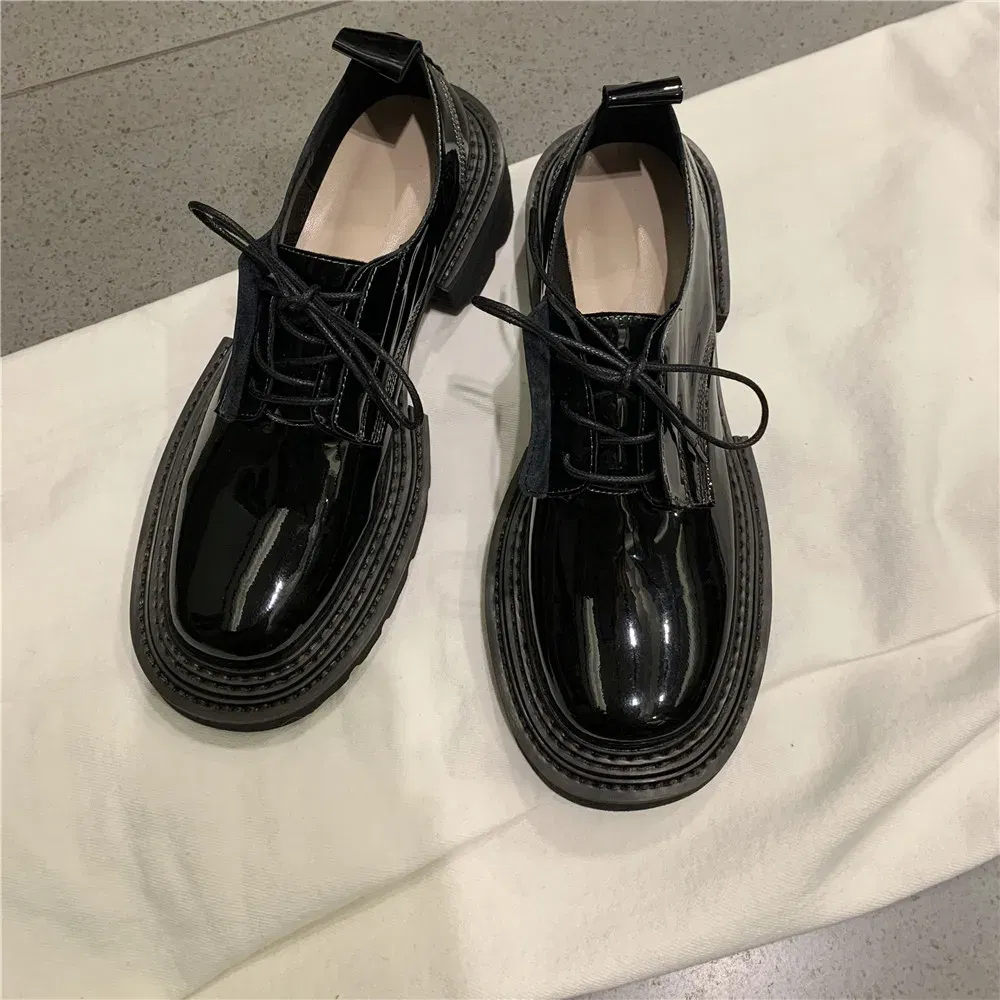 Color: Beige, Shoe Size: 8 - MILI-MIYA New Arrival Thick Heels Women Cow Patent Leather Pumps Lace Up Round Toe Fashion Street Casual Shoes Size 34-42