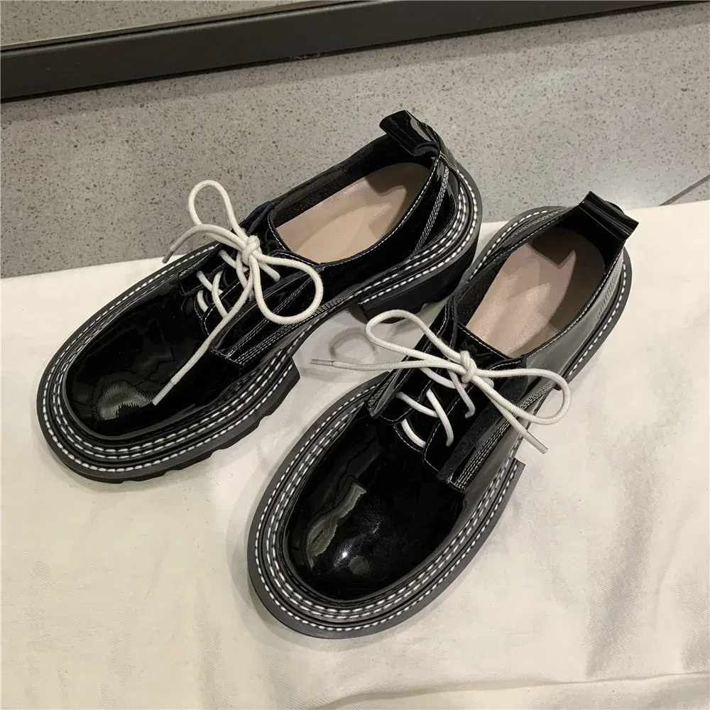 Color: Beige, Shoe Size: 8 - MILI-MIYA New Arrival Thick Heels Women Cow Patent Leather Pumps Lace Up Round Toe Fashion Street Casual Shoes Size 34-42