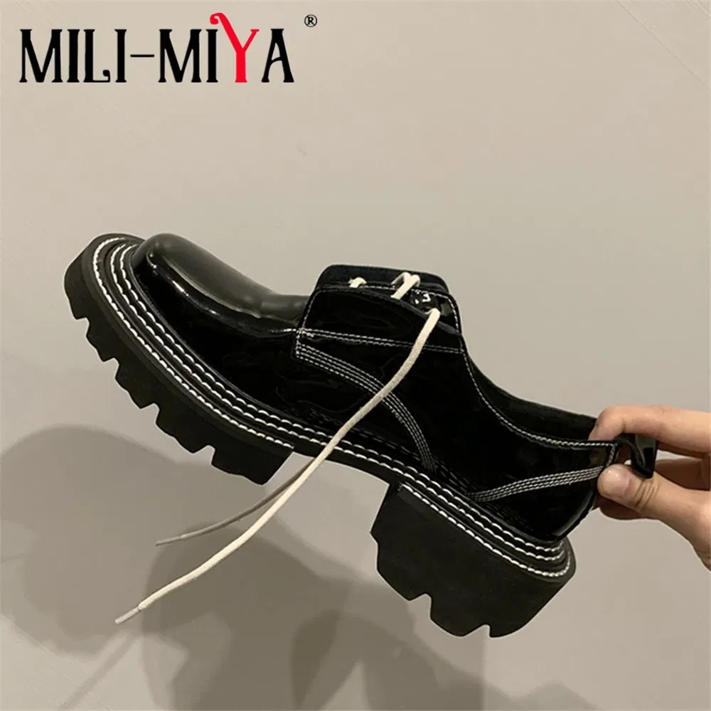 Color: Beige, Shoe Size: 8 - MILI-MIYA New Arrival Thick Heels Women Cow Patent Leather Pumps Lace Up Round Toe Fashion Street Casual Shoes Size 34-42