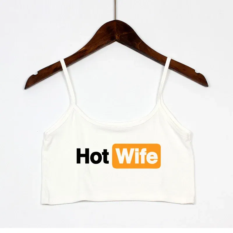 Color: black, Size: XL - Funny HOT WIFE Letters Print New Sexy Crop Top Summer Women's Sexy Elastic Cotton Camis Sleeveless Short Tank Top Bar Women