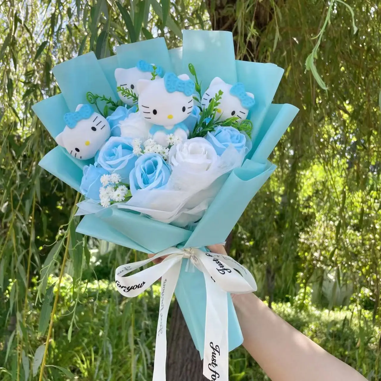 Color: green - Kawaii Hello Kitty Cat Dolls With Artificial Flowers Creative Bouquet Christmas Valentine Birthday Graduation Gifts