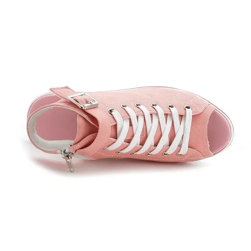 Color: Pink, Shoe Size: 37 - Spring Summer Women's Height Increasing Platform Canvas Fish Mouth Shoes Open Toe Hollow Canvas Wedge Shoes Zapatos Para Mujer