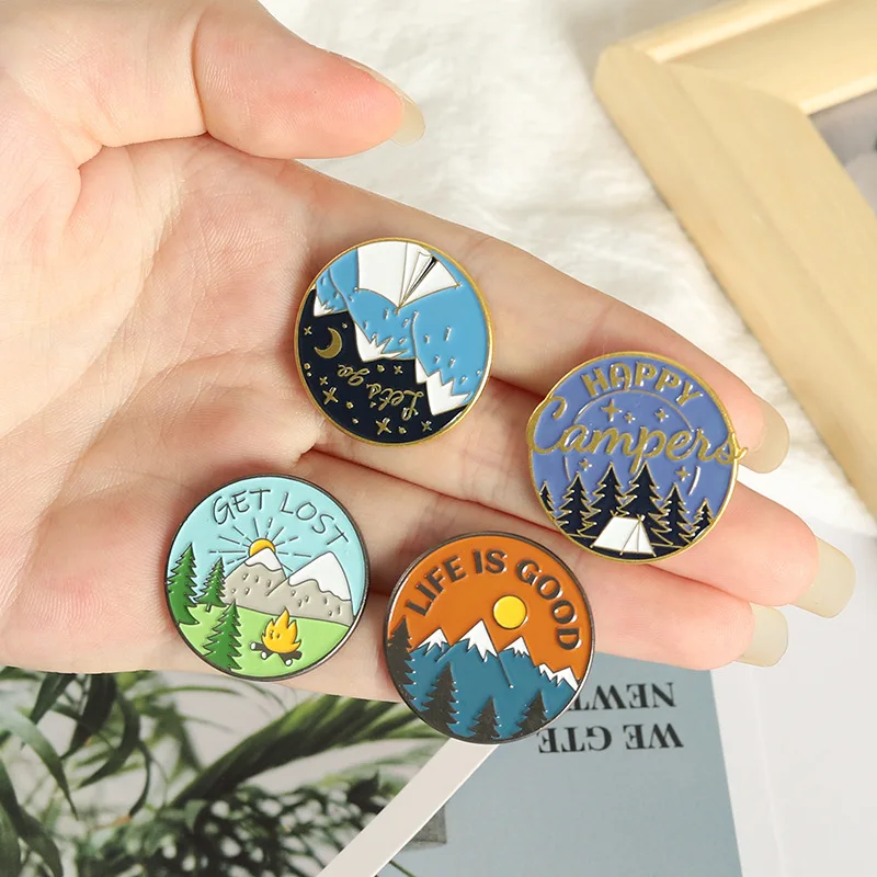 Metal color: Antique Copper Plated - Travel Brooch Field Crossing Hiking Scenery Snow Scene Mountain Peak Alloy Clothing Accessories Backpack Brooch Badge Lapel Pins