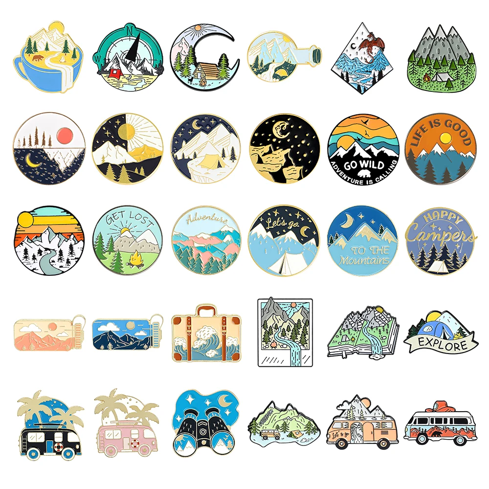 Metal color: Antique Copper Plated - Travel Brooch Field Crossing Hiking Scenery Snow Scene Mountain Peak Alloy Clothing Accessories Backpack Brooch Badge Lapel Pins