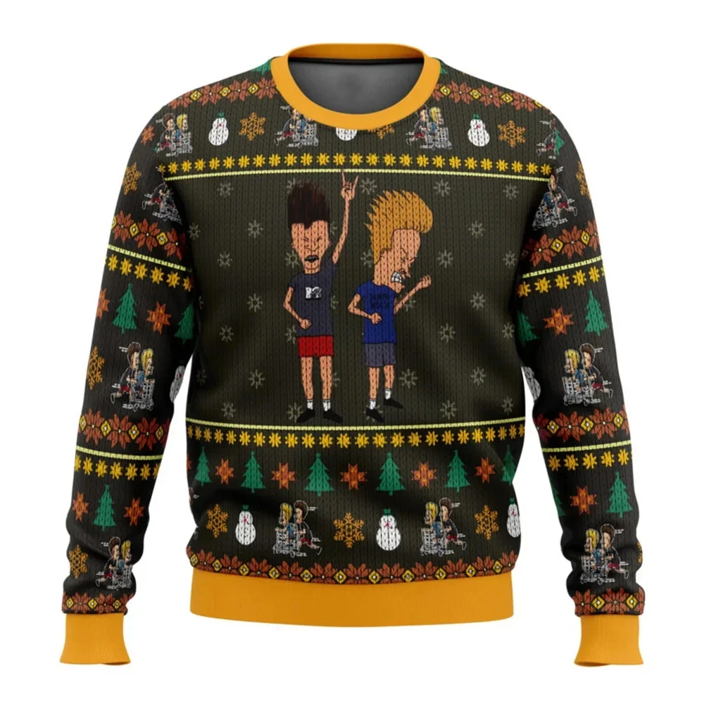 Color: Gold, Size: XL - Xmas Rock Beavis and Butthead Ugly Christmas Sweater Cartoon Anime Women Men Pullover Tops New Fashion Couple Hoodie Sweatshirt