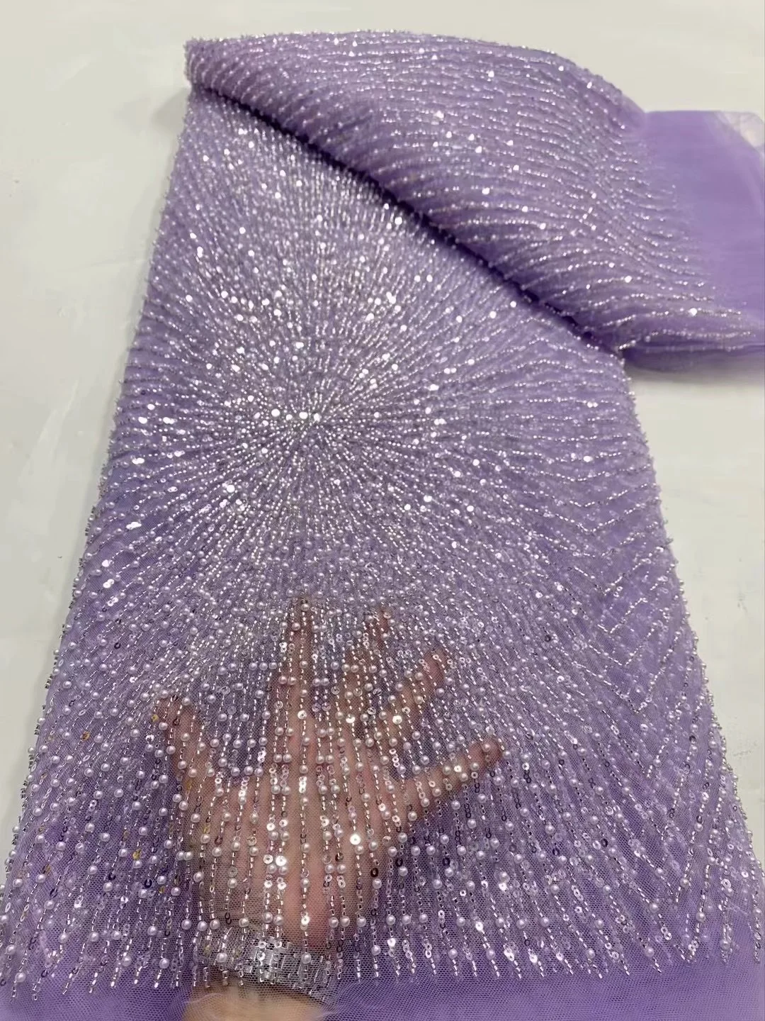 Color: WHITE, Width: 120cm, Length: 5 yards - Wholesale Beaded Lace Fabric, French Mesh With Sequence, African Lace Fabric 2025 High Quality, Bridal Lace Fabric, Beaded Net