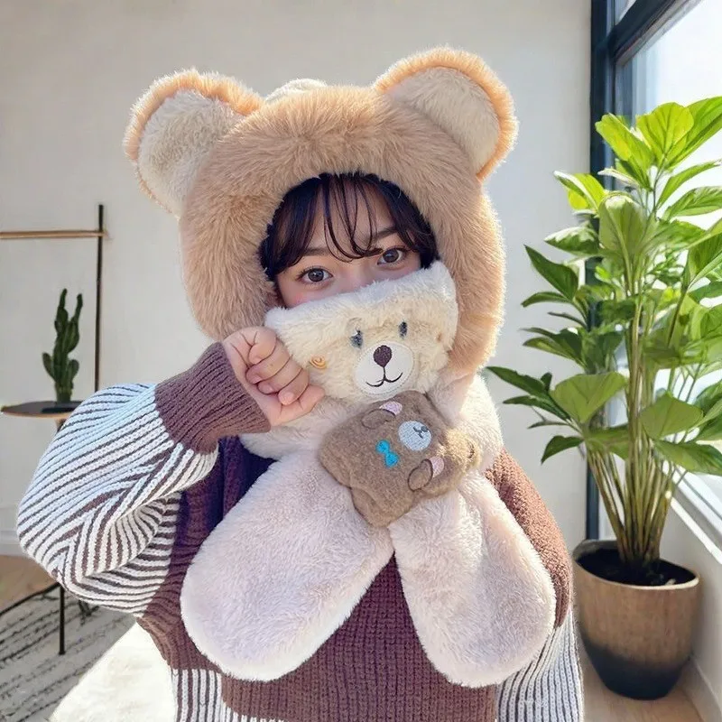 Color: black - Winter Children One Piece Scarf Hat+Mask Cute Cartoon Baby Ear Protection Cap 1-6year Kids Plush Cross Neckerchief Warm Beanies