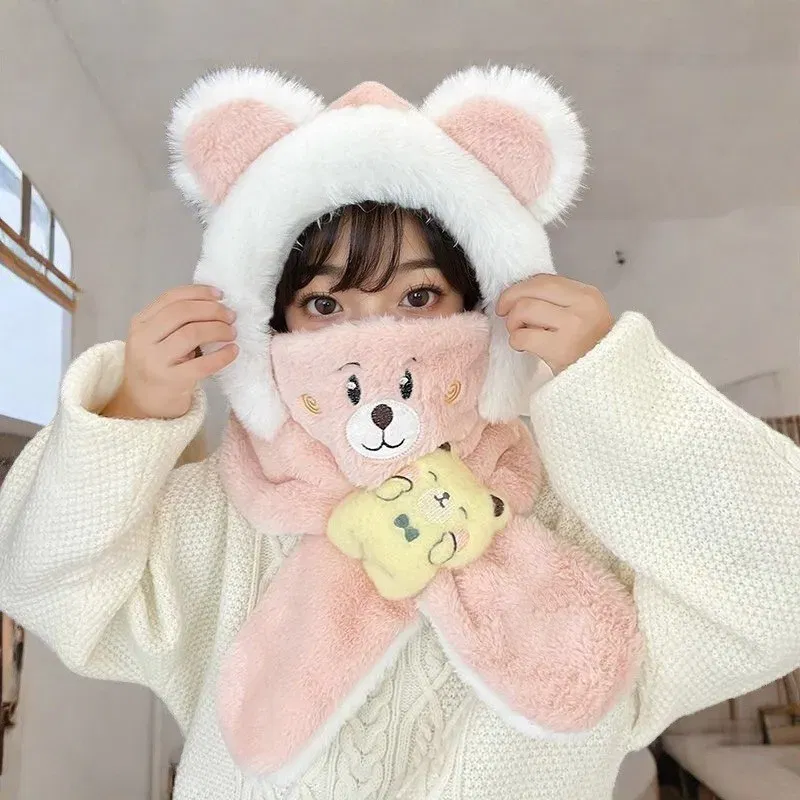 Color: black - Winter Children One Piece Scarf Hat+Mask Cute Cartoon Baby Ear Protection Cap 1-6year Kids Plush Cross Neckerchief Warm Beanies