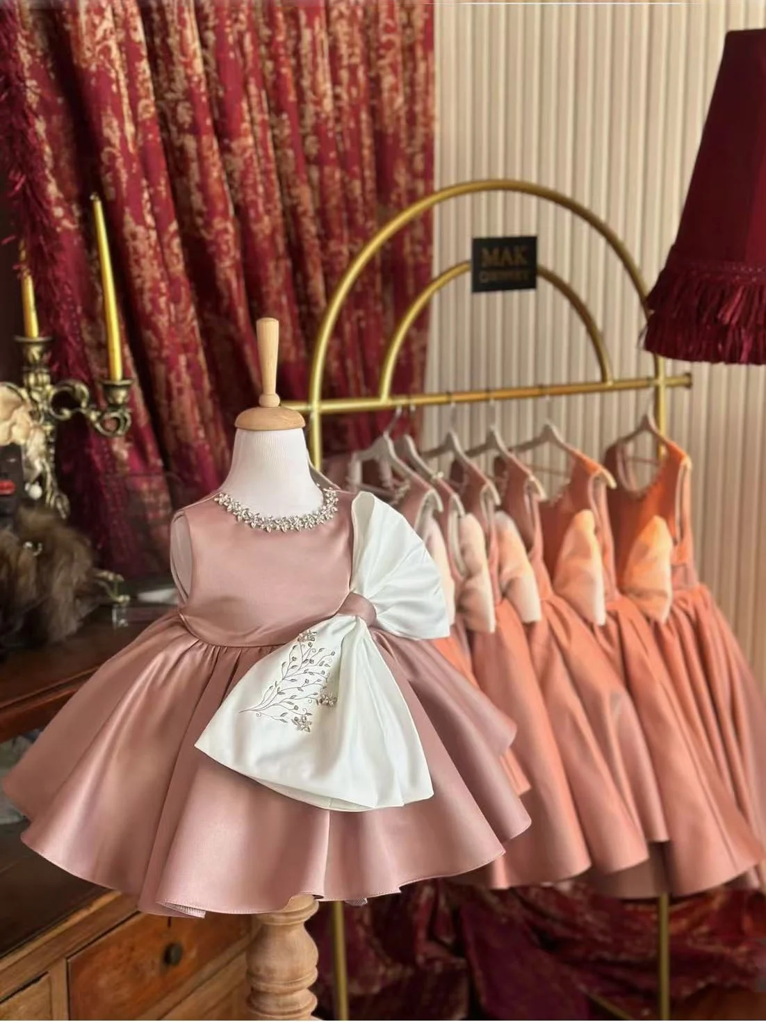 Color: Brown, Kid Size: 26 - 0-12Y Baby Girl Summer Diomand flower Embroidery Pink Dress with Big Bow for Casual Party Holiday B37