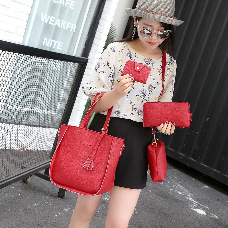 Color: Pink - 4pcs Elegant Minimalist Women'S Shoulder Bag, Handbag, Crossbody Bag, Women Storage Bag, Holiday Gift, Synthetic, Zipper Closure