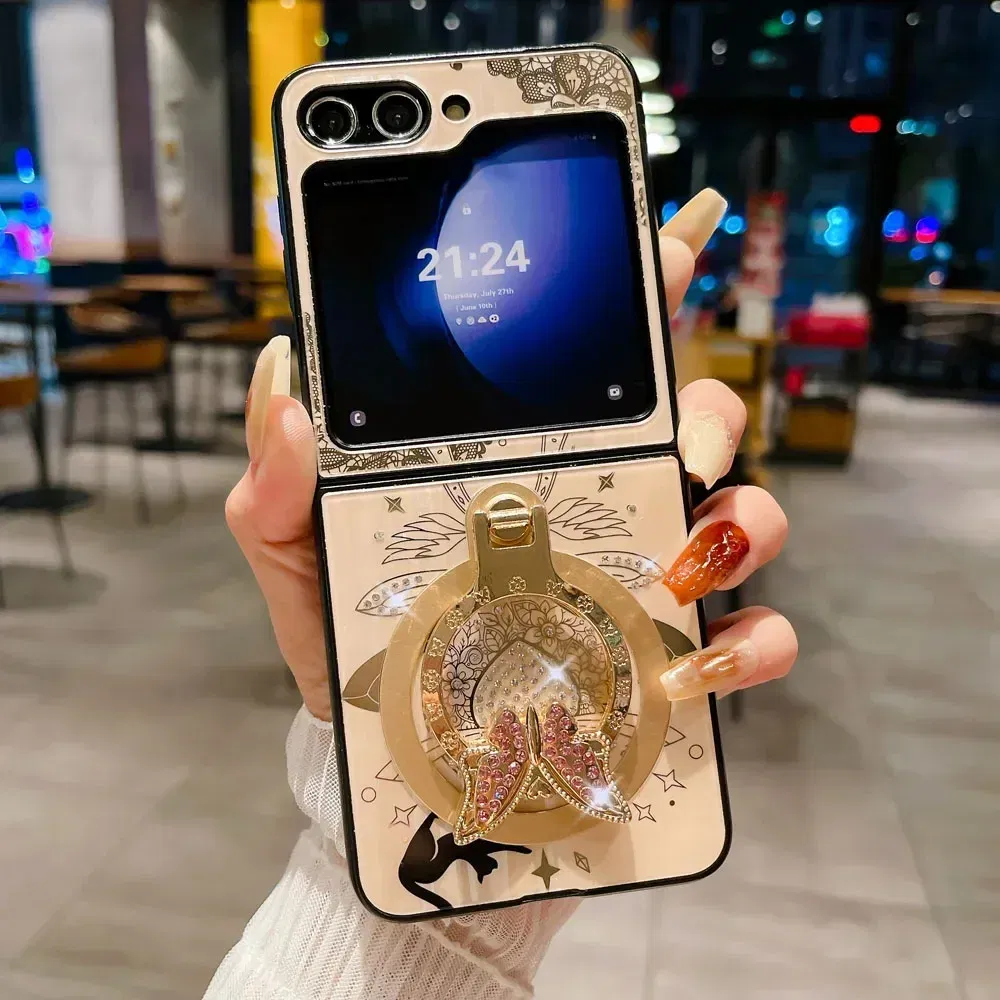 Material: Aluminum, Color: WHITE - For Samsung Galaxy Z Flip 5 4 3 5G MagSafe Magnetic Phone Case Stand Holder Glitter Bling Diamond 3D Ring Cover For Z Flip5 4 5G