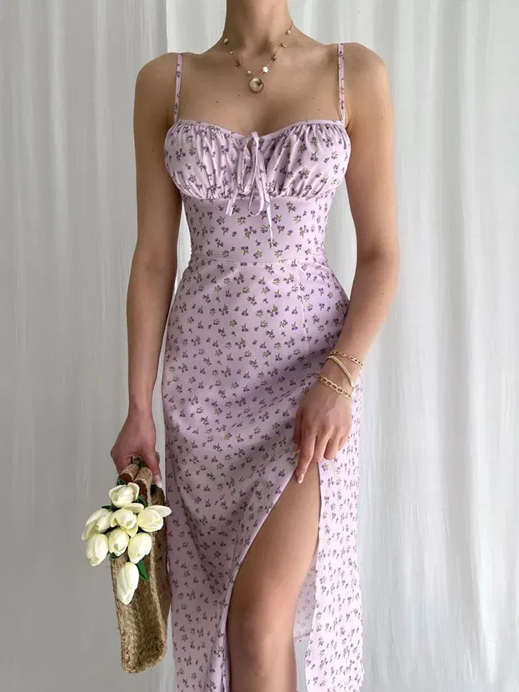 Color: Pink, Size: S - Hugcitar 2023 Sleeveless Satin Slip Floral Ruched Bandage Cut Out Maxi Dress Summer Women Fashion Sexy Party Club Robe Kpytomoa