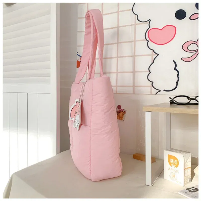 Color: SKY BLUE, Size: Extra Large - 2024 New Sanrio Handbag Cartoon Cute Down Fabric Kuromi Tote Bag Shoulder Pacha Dog Cute Stationery Bag Large Capacity Handbag