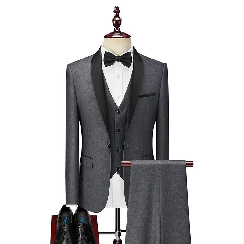 Color: Dark Grey, Size: L - Shenrun Men Tuxedo Slim Fit Fashion Suit Wedding Shawl Lapel 3 Pieces Skinny Single Breasted Jacket Party Prom Singer Costume