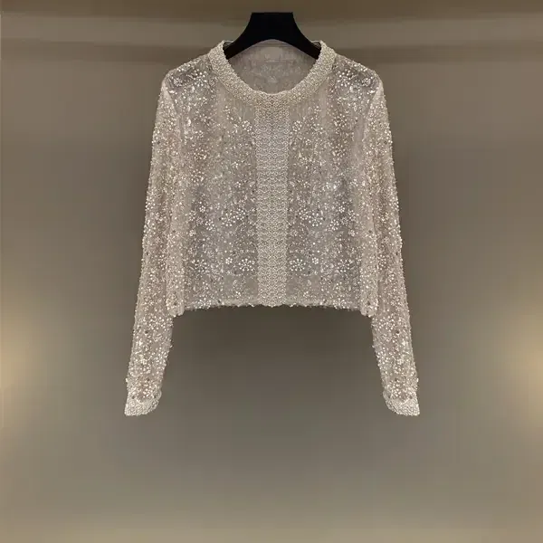 Luxury Beading Coat Women Heavy Industry Sequined See Through Long Sleeve Round Collar Short Tops Summer Fashion Trendy
